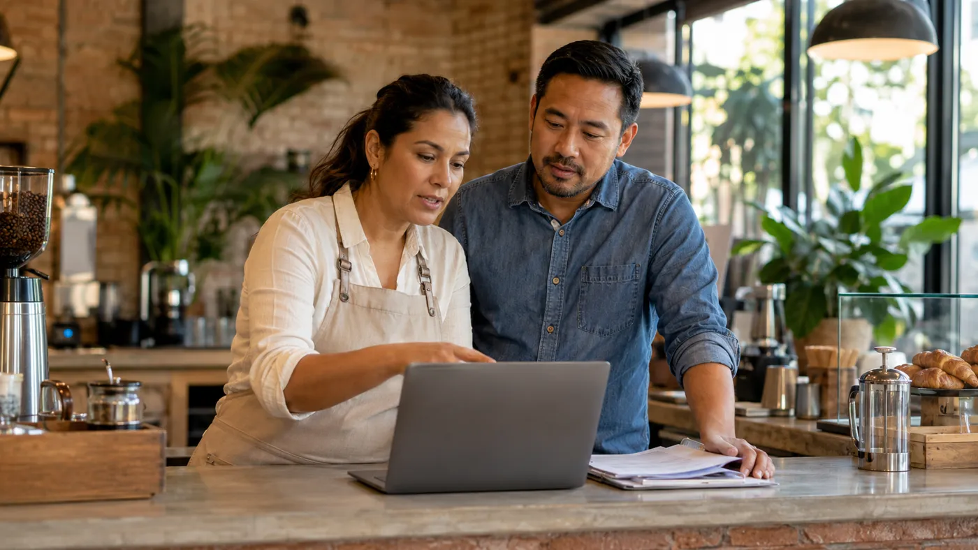 Couple reviewing life insurance answers online